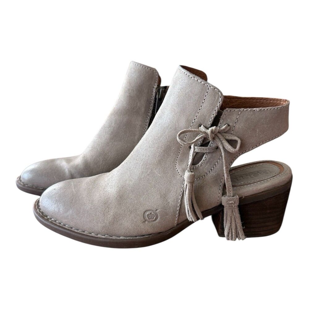 Born Monikah Suede‎ Slingback Ankle Boot Gray Distressed Chunky Heel Tassel 7M